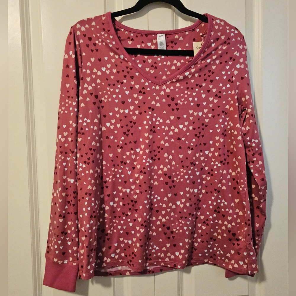 George Pink Heart Print Long Sleeve Top SZ M